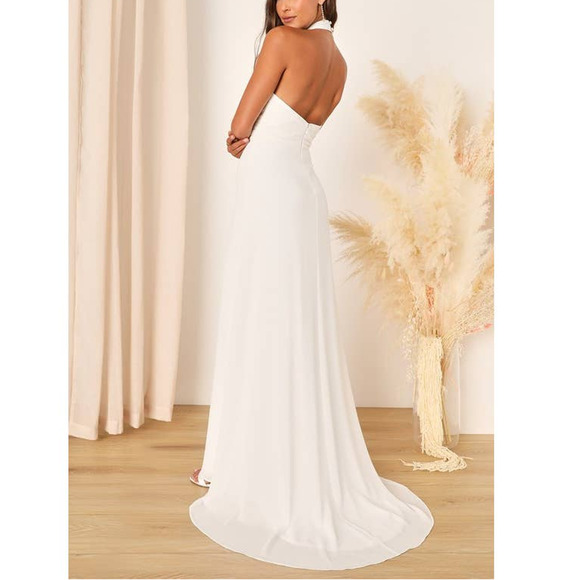 LULU'S S Elegant Glamour White Pleated Halter Cutout Maxi  Dress NWT b136 *flaw - Picture 2 of 13
